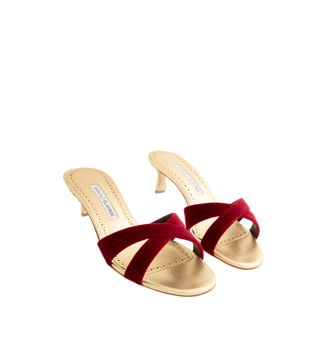 Image 2 of 4 - RED - Manolo Blahnik Women's Callydramu kitten heeled sandals are crafted from dark red velvet and gold nappa leather and feature an open-toe silhouette with crossover front straps and a sculptural 50mm angular heel. These designer heeled sandals combine luxurious Italian craftsmanship with elegant color contrast, making them a sophisticated choice for special occasions and evening wear. Main Material: 95% Velvet, 5% Lamb Nappa Leather. Lining: 100% Kid Leather. Sole: 100% Calf Leather. Heel  