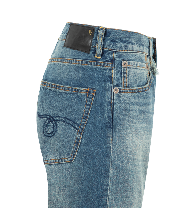 Image 3 of 3 - BLUE - R13 X-BF Jean featuring overall fading, relaxed fit, five-pocket style, zip button closure, leather logo patch on the back waist and contrast stitching. 100% cotton. Made in Italy. 