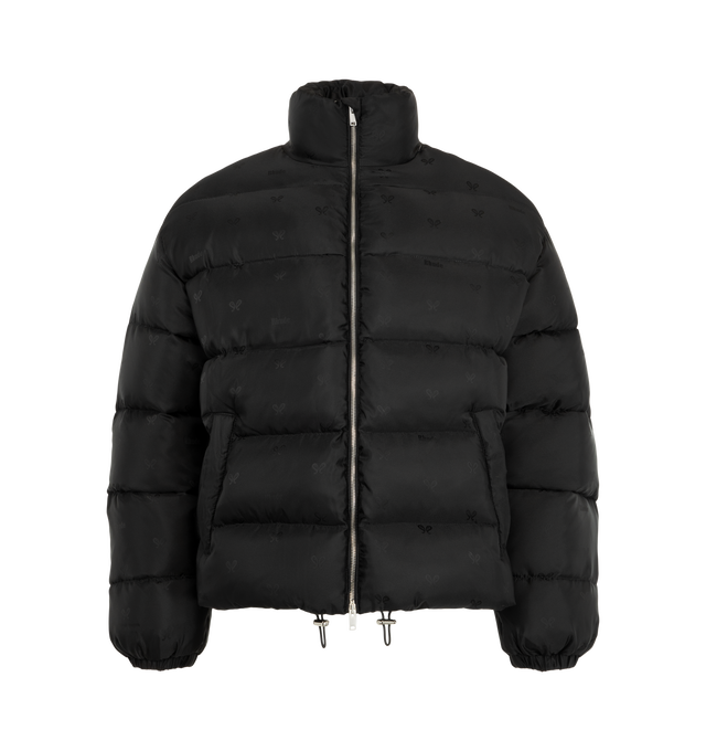 Image 1 of 3 - BLACK - Rhude Men's Paisley Jacquard Down Puffer Jacket is crafted from polyester satin with an allover paisley-inspired jacquard logo pattern and features a down-filled silhouette designed for warmth and volume. Designed with a stand collar, two-way zip closure, welt pockets, elasticized cuffs, interior zip pockets, and a bungee-style drawstring hem for adjustable comfort. Main Material: 100% Polyamide. Fill: 100% Goose Down. Lining: 100% Polyamide. 