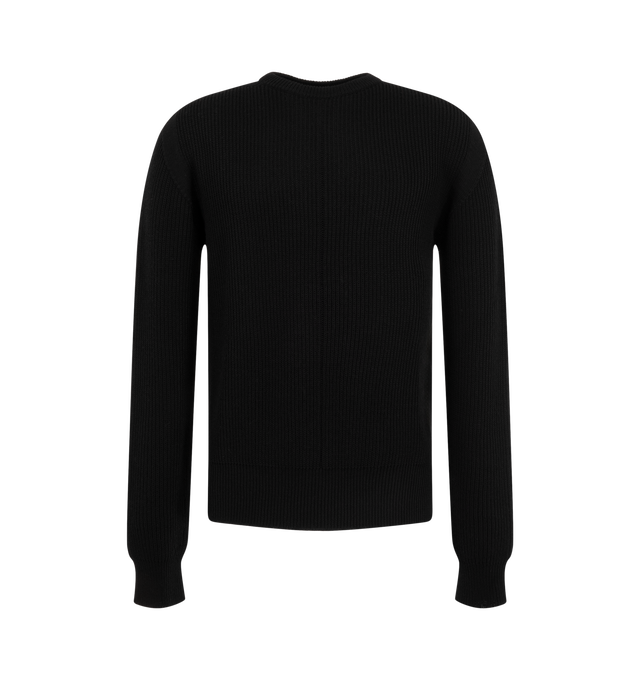 Image 1 of 2 - BLACK - Rick Owens Men's Fisherman Round Neck Sweater is crafted from a heavy wool fisherman knit and features a hip-length silhouette with long sleeves. This elevated knit design is detailed with a ribbed crew neckline, hem, and cuffs, level shoulder seams, beveled side-seam splits, and Rick Owens signature knit channel running down the center back spine. Combining substantial warmth with refined construction, the sweater offers a structured yet comfortable fit for everyday wear. Main Materi 