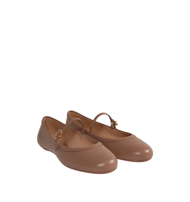 Image 2 of 4 - BROWN - GIANVITO ROSSI Carla flat ballerina crafted from precious leather featuring a round toe, rubber sole,  iconic Ribbon buckle (signature of the brand) front Mary Jane strap. Handmade in Italy. 100% NAPPA. Heel height: 0.2 inches. 