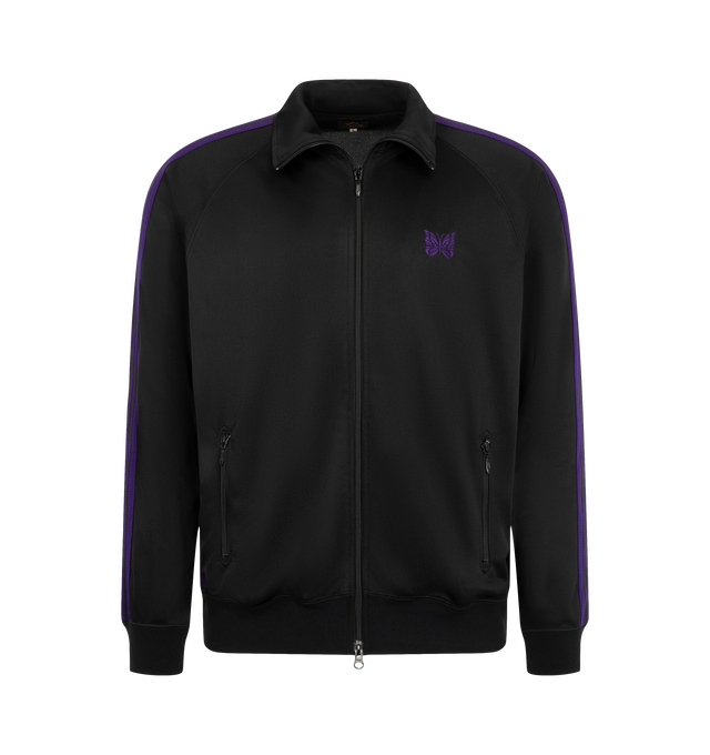Image 1 of 3 - BLACK - Needles Men's Track Jacket is crafted from smooth polyester jersey and features the brand's signature Papillon embroidery, a front zip closure, and a relaxed-fit silhouette. Designed with excellent stretch and breathability, this sportswear-inspired style is finished with zip pockets for everyday functionality. Main Material: 100% Polyester. Made in Japan. 