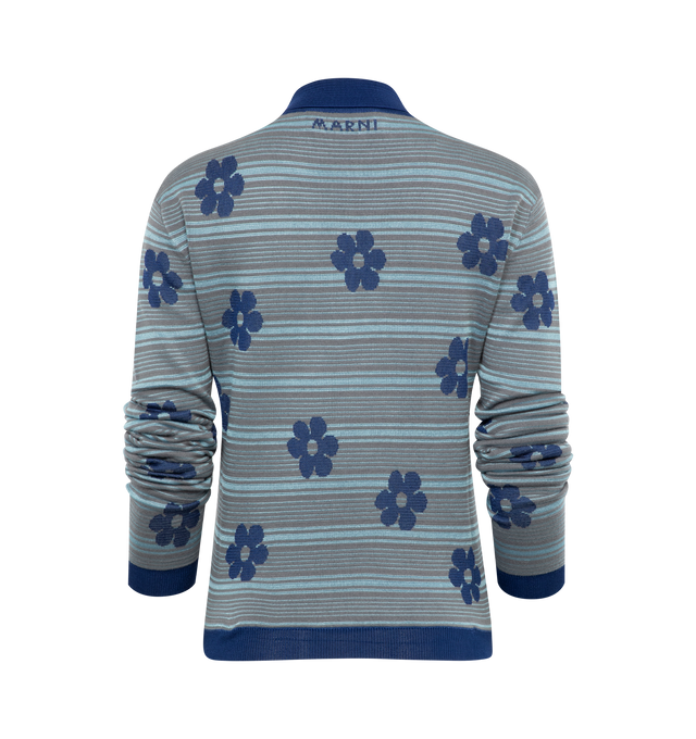 Image 2 of 2 - BLUE - MARNI Polo Sweater featuring pinstripe pattern, floral embroidery, short front button fastening, classic collar and long sleeves. 100% cotton.  