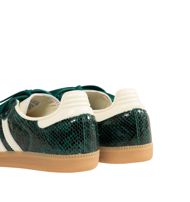 Image 3 of 5 - GREEN - ADIDAS Samba OG Sneakers featuring a snakeskin-look leather upper and overlays, reinforced T-toe, serrated 3-Stripes, regular fit, lace closure, leather upper, synthetic lining and rubber outsole. 