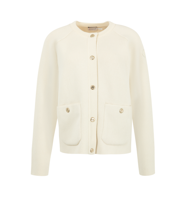 Image 1 of 1 - CREAM - Moncler Women's Wool and Cashmere Cardigan is crafted from a fine blend of wool, cashmere, and cotton with nylon fibers and features a timeless silhouette in a soft white-ivory hue. Designed as an elevated wardrobe essential, this knit cardigan combines luxurious texture with everyday versatility. Main Material: Wool, Cashmere, Cotton, and Nylon.  