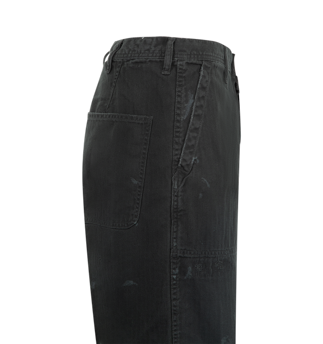 Image 3 of 3 - BLACK - FULLCOUNT USN Herringbone Seamen's Trousers VE featuring ozone fading and painted stains, belt loops at waist, 4 pocket style and relaxed fit. 100% cotton. Made in Japan.  