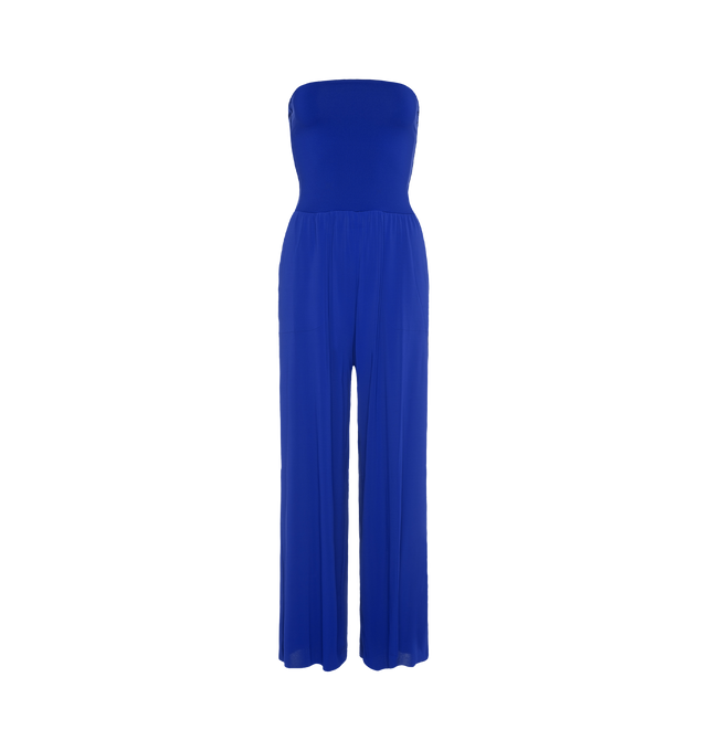 Image 1 of 6 - BLUE - ERES Dao High-Waisted Trousers featuring wide legs and side pockets with tone on tone stitching. Offers versatile styling to wear as a bustier jumpsuit or pants.  Main: 94% Polyamid, 6% Spandex. Second: 84% Polyamid, 16% Spandex. Made in France. 