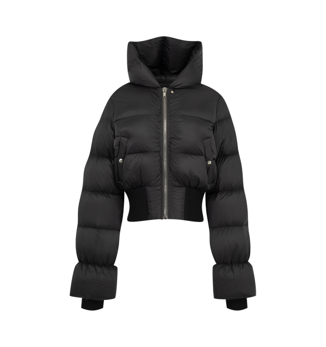 Image 1 of 3 - BLACK - Rick Owens Women's Cinched Hooded Jacket is crafted from lightweight matte nylon and features a waist-length silhouette with a hood and wide ribbed waistband and cuffs. Designed with a center-front zip closure with top snap, snap-closure side pockets, and a signature cotton webbing strap with rivet detailing across the back yoke. Main Material: 100% Polyamide. Rib Knit Trim: 93% Virgin Wool, 5% Nylon, 2% Elastane. Lining: 100% Cupro. Padding: 90% Goose Down, 10% Mallard Feathers. 