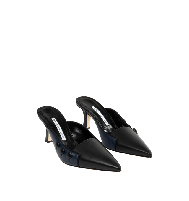 Image 2 of 4 - BLACK - MANOLO BLAHNIK Stateiramu Heeled Mules featuring pointed enclosed toe and mid stiletto heel. Heel measures 70 mm. 100% leather. Made in Italy. 