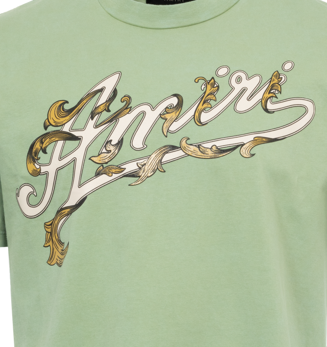 Image 2 of 2 - GREEN - AMIRI Filigree T-shirt featuring short sleeves, crew neck, straight hem and logo on front. 100% cotton. Made in Italy. 