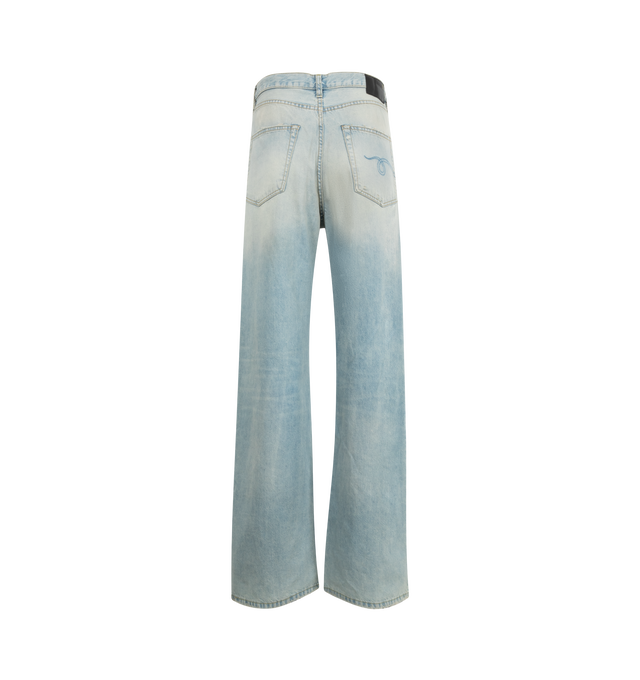 Image 2 of 3 - BLUE - R13 Damon Pleated Wide Leg Jean featuring zip fly with button closure, 5-pocket design, pleated fabric details at waist, whiskering along front and heavily faded and lightly distressed throughout. 100% cotton. Made in Italy. 