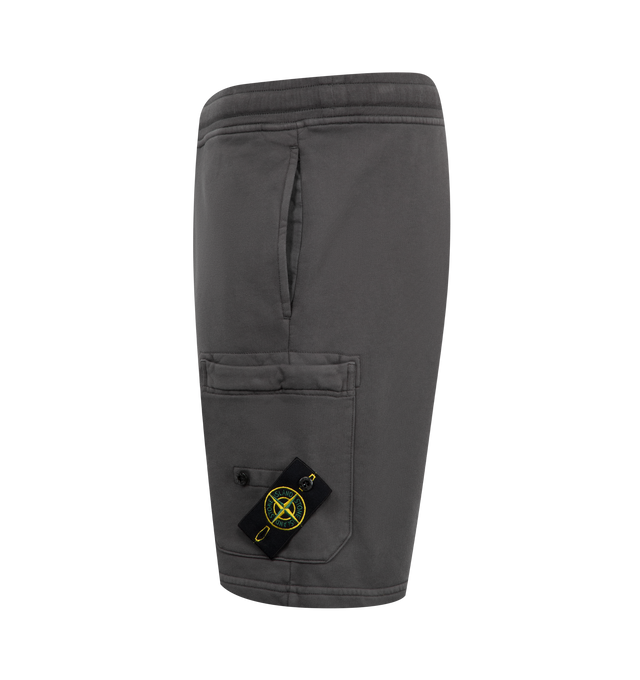 Image 3 of 3 - GREY - STONE ISLAND Fleece Shorts featuring welt hand pockets, one slit pocket with hidden snap fastening on the back, patch pocket with hidden zipper fastening and the Stone Island badge on the left leg, overlock seams on inner legs, elasticated waistband with outer drawstring and regular fit. 100% cotton.  