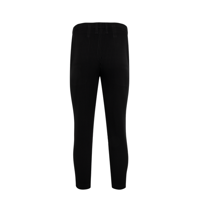 Image 2 of 3 - BLACK - Issey Miyake Wool Like Light Pants have a button fly design with belt loops, side pockets, and a soft and supple texture. 100% polyester. Made in the Phillippines.  