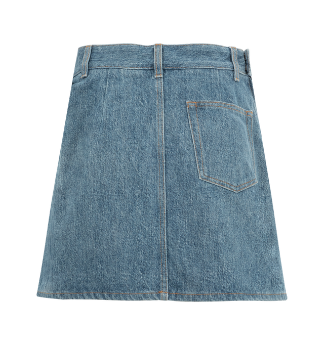 Image 2 of 3 - BLUE - Loewe Draped denim miniskirt featuring back patch pocket, front logo, draped detail, belt loops, mini length and visible stitching. 100% cotton. Made in Italy. 