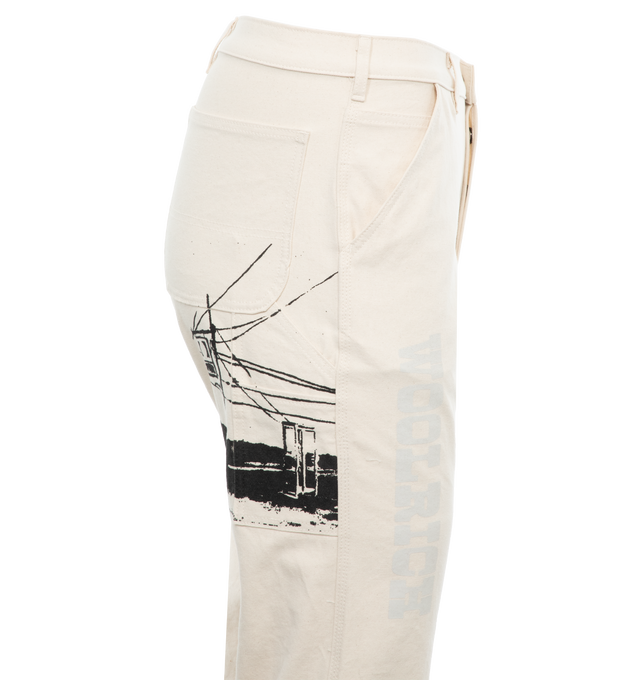 Image 3 of 4 - WHITE - ONE OF THESE DAYS X WOOLRICH Workwear Pant featuring zip button fly, five-pocket design, belt loops, straight leg and screen-printed logo branding. 100% cotton canvas. 