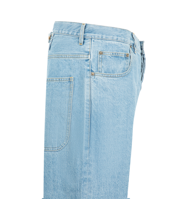 Image 3 of 3 - BLUE - Thom Browne Mens Five-Pocket Jeans are crafted from a washed denim. Feature a relaxed fit, button fly closure, five-pocket construction, reinforced back yoke with adjustable button-fastening backstrap, selvedge detail at the inner cuffs, and signature striped grosgrain loop tab. Main Material: 100% Cotton. Made in Japan. 