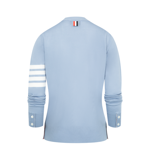 Image 2 of 3 - BLUE - THOM BROWNE 4-Bar Merino Wool Cardigan featuring V-neck, front button closure with striped grosgrain placket, 4-bar stripe detailing, buttoned side vents and cuffs with signature striped grosgrain trim and signature striped grosgrain loop tab at back of neck. 100% merino wool. Made in Italy. 