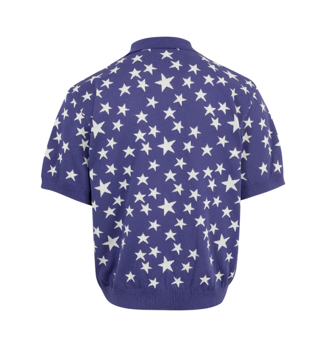 Image 2 of 2 - BLUE - NEEDLES Short Sleeve Knit Polo Sweater featuring ribbed collar, cuffs and trim, 3 button placket and stars throughout. 58% polyester, 42% paper. Made in Japan. 