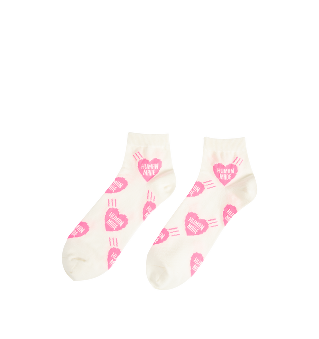 Image 2 of 2 - PINK - HUMAN MADE Heart Socks featuring short length, soft, comfortable cotton blend, all-over heart logo patter, ribbed top cuff and jacquard weave logo. 47% cotton, 20% nylon, 20% acrylic, 11% polyester, 2% spandex. 