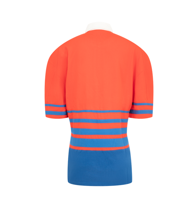 Image 2 of 2 - MULTI - JW Anderson Women's Short-Sleeved Striped Rugby Polo in red & blue cotton. In a relaxed fit, features an appliqu herringbone graduated stripe, a woven cotton twill collar and placket, and contrast wide hem panel. Finished with tonal embroidery anchor logo on the chest. Material: 100% Cotton. Made in Portugal. 