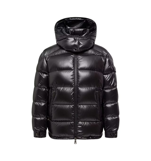 Image 1 of 1 - BLACK - Moncler Womens Maire Hooded Short Down Jacket is crafted from nylon laqu with a nylon laqu lining and down-filled construction. Features a detachable hood, zipper closure, zipped pockets, and adjustable cuffs. Exterior: 100% Polyamide / Nylon; Lining: 100% Polyamide / Nylon; Hood Lining: 100% Polyamide / Nylon; Padding: 90% Down, 10% Feather. Made in Italy. 