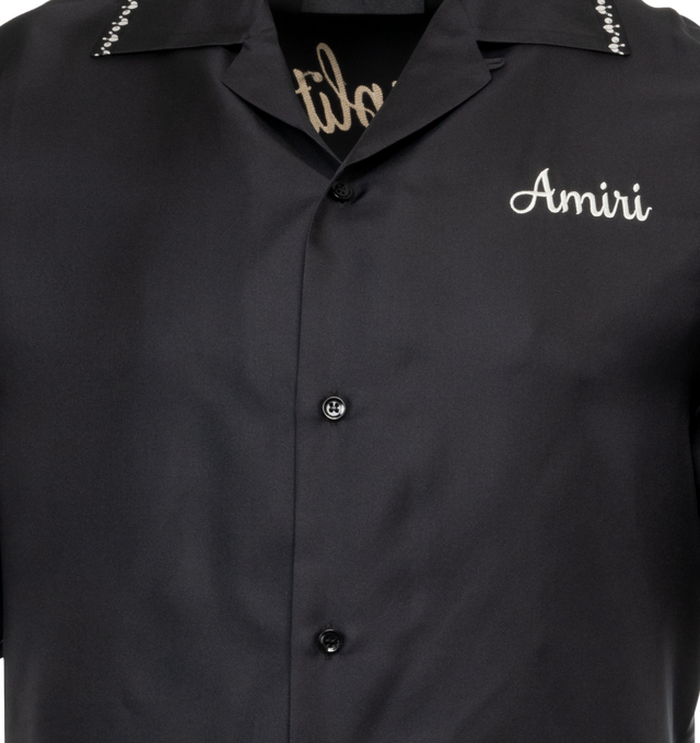 Image 3 of 4 - BLACK - AMIRI Lanesplitters Bowling Shirt featuring cuban collar, short sleeves, button front, logo embroidered on front and graphic logo on back. 100% silk. Made in Italy. 