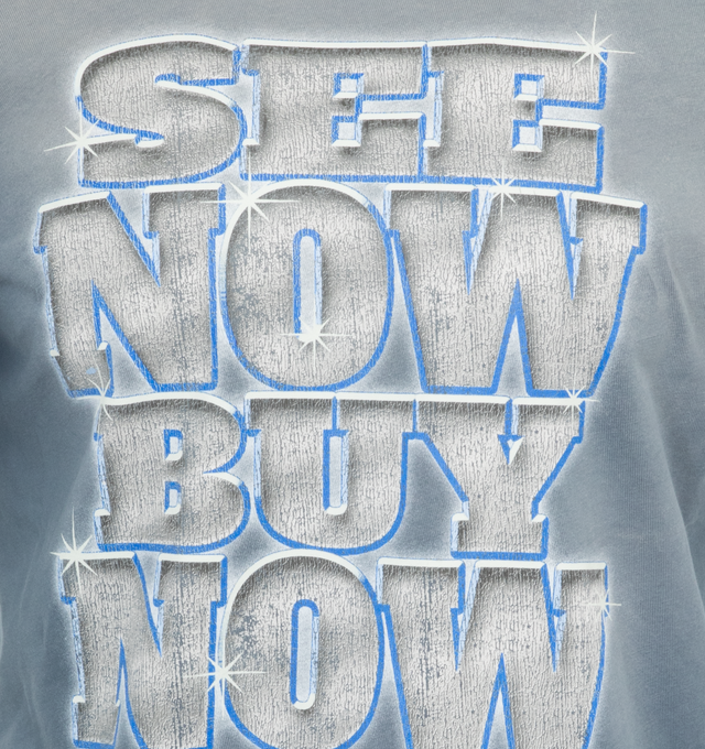 Image 4 of 5 - BLUE - BALENCIAGA SNBN Small Fit T-Shirt featuring vintage jersey, small fit, crewneck, short sleeves, SNBN artwork printed at front, back and sleeves, cracked effect artwork and destroyed and washed-out effect. 100% cotton. Made in Portugal. 