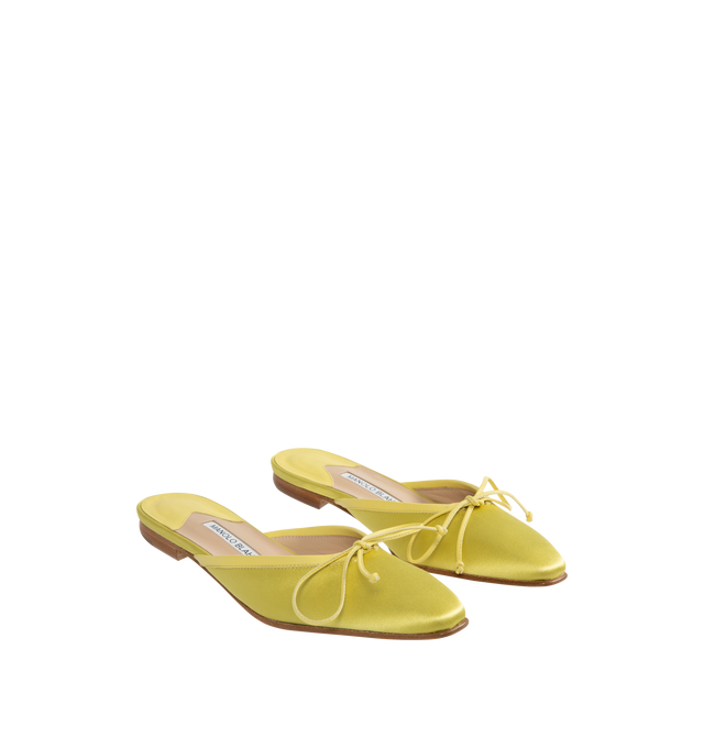 Image 2 of 4 - GREEN - Manolo Blahnik Satin Bow Ballerina Flats in a slide-on style featuring grosgrain trim and bow accent, 10 mm flat heel, almond toe, leather outsole and leather lining. Made in Italy. 