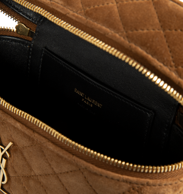 Image 3 of 3 - BROWN - Saint Laurent Women's Gaby Vanity Bag is crafted from suede calfskin and features the house's signature YSL 'CASSANDRE' logo, diamond-quilted topstitching, a top handle, and an adjustable, detachable shoulder strap. Designed for versatile day-to-evening wear, this compact vanity silhouette is finished with a zip-around closure, bronze-tone hardware, a leather-lined interior, and a card slot for organization. Main Material: Calfskin Suede. Lining: Leather. Hardware: Bronze-Tone Brass.  