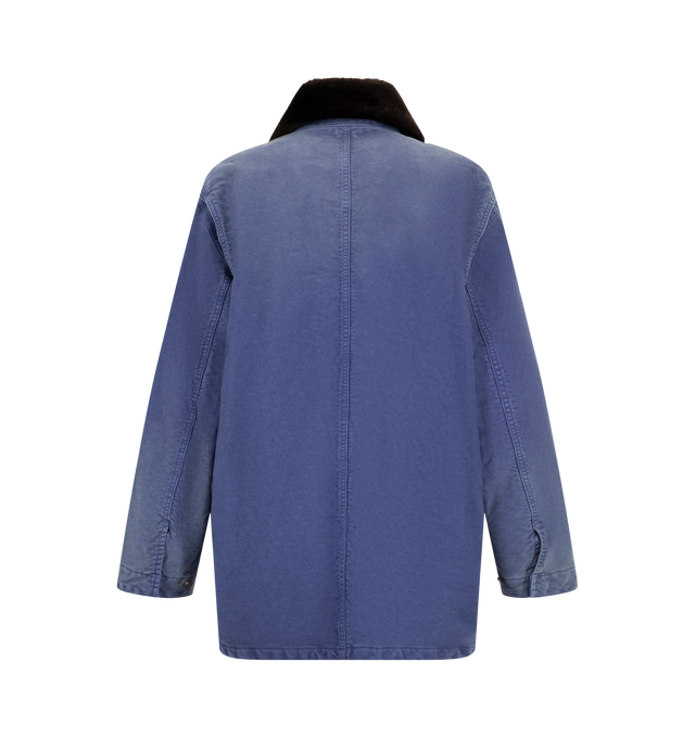 Image 3 of 3 - BLUE - Auralee Women's Garment-Dyed Organic Cotton Heavy Moleskin Blouson is crafted from densely woven organic cotton heavy moleskin and features an oversized silhouette, quilted lining, and a front zip closure. Garment-dyed and carefully hand-finished, each piece develops a subtle vintage character with unique tonal variations and texture. Designed to age beautifully over time, the fabric gains depth and individuality through wear, making it a distinctive everyday outerwear style. Main Mate 