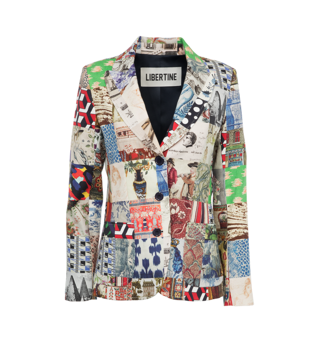Image 1 of 10 - MULTI - LIBERTINE Bloomsbury Collage Printed Blazer Jacket featuring peak lapel collar, button closure, long sleeves, front patch pockets, mid-length and relaxed fit. Flax/linen. Lining: polyester. Made in USA. 