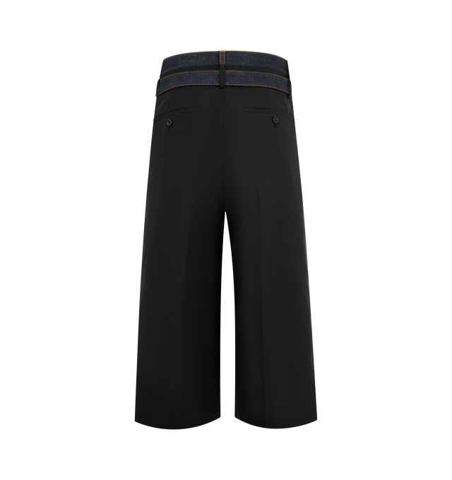 Image 2 of 3 - BLACK - SACAI Suiting & Denim Trousers featuring plain-woven wool-blend trousers, belt loops and detachable cinch belt at waistband, denim trim at layered waistband, four-pocket styling, zip fly, partial satin lining and contrast stitching in tan. 70% polyester, 30% wool. Trim: 100% cotton. Lining: 100% cupro. Made in Japan. 