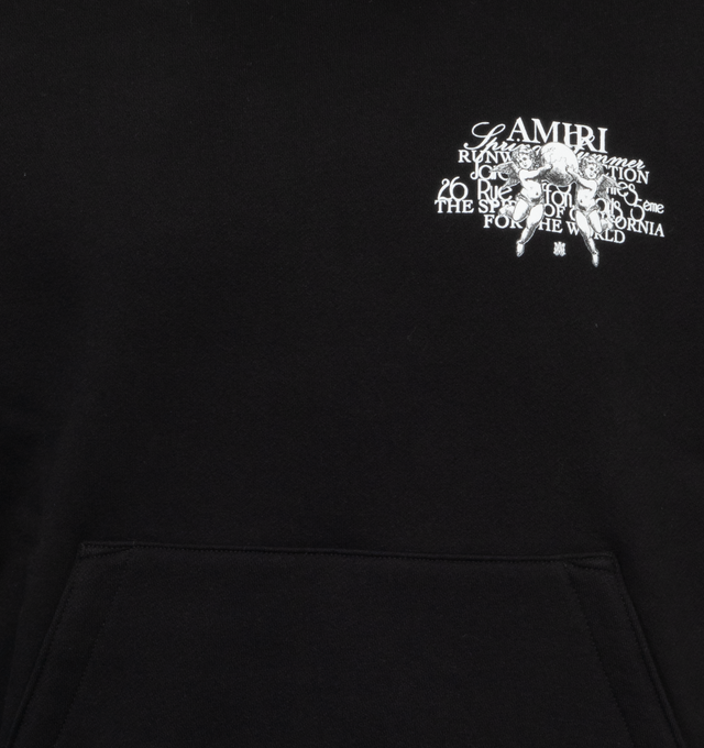 Image 3 of 4 - BLACK - AMIRI Cherub Text Hoodie featuring non-detachable hood, ribbed cuffs and hem, printed logo on front and back and kangaroo pocket. 100% cotton. Made in the USA. 