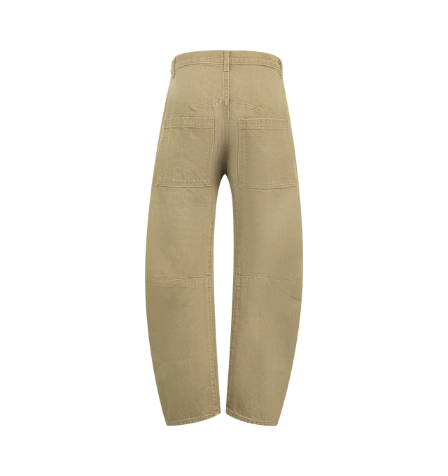 Image 2 of 3 - GREEN - Nili Lotan Women's Shon Jean is crafted from premium Japanese non-stretch heavyweight sulfur-dyed denim and features a mid-rise waist, a relaxed fit, and a signature barrel-leg silhouette with a uniquely curved shape. Inspired by vintage mid-century workwear, this elevated denim style is detailed with pleats at the knees, a gusseted inseam, top-stitched front and back patch pockets, and a coin pocket at the front right. Finished with a zip fly, branded shank closure, and belt loops, t 