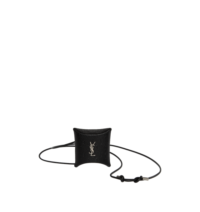 Image 1 of 3 - BLACK - SAINT LAURENT Take Away Airpods Case featuring adjustable lanyard necklace, silver toned hardware, fold down closure and leather lining. 3" X 3.3" X 1.2". 95% calfskin leather, 5% brass.