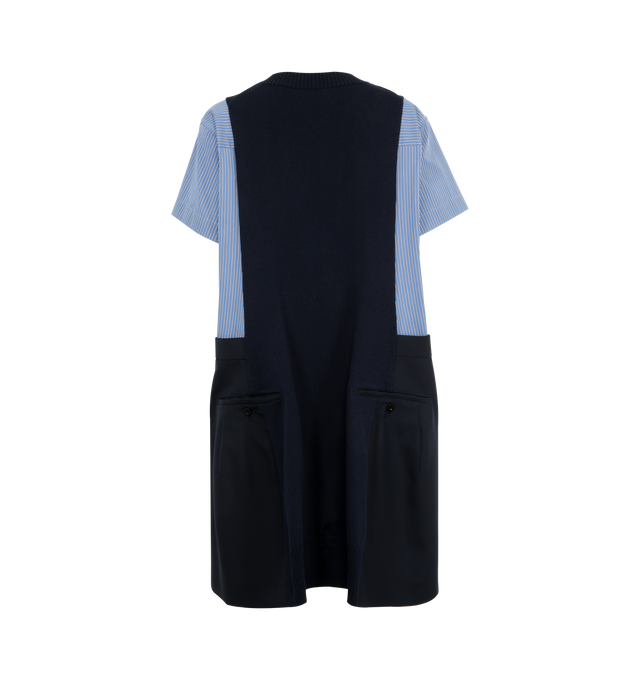 Image 2 of 2 - BLUE - SACAI Poplin x Knit Dress featuring short sleeves, crew neck, midi length, paneled construction and loose fit. Cotton/polyester. 