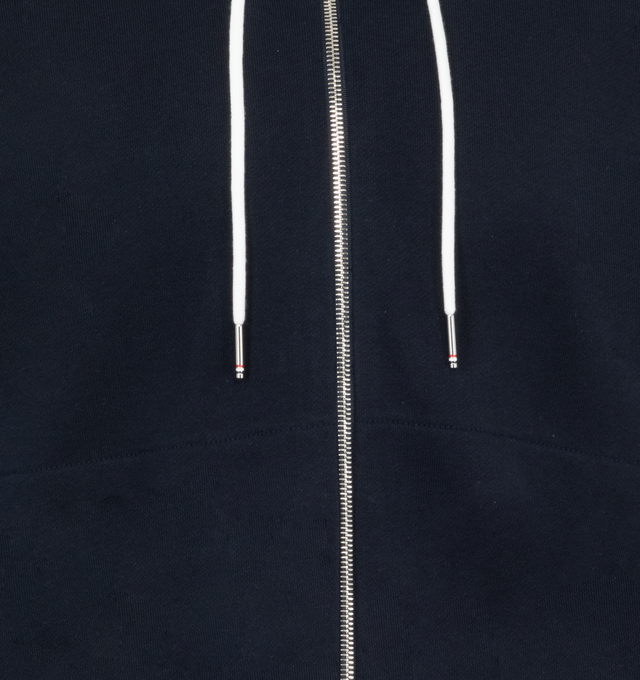 Image 3 of 3 - NAVY - Thom Browne Men's Leisurewear Classic 4-Bar Jersey Zip up Hoodie with signature Thom Browne emblem, front zip closure, slip side pockets, name tag applique, signature striped grosgrain loop tab. 100% Cotton. Made in Japan. 