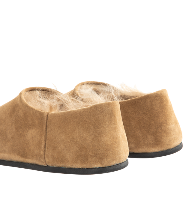 Image 3 of 4 - BROWN - CHRISTEN Big Bootie featuring flat slip on bootie, flexible textured TPU outsole, lined in goat shearing and round toe. Santiago suede. Made in Italy. 