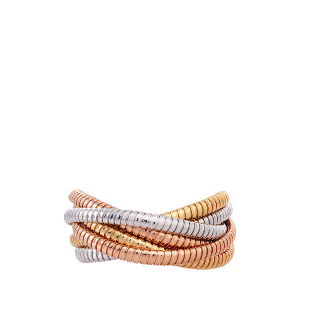 Image 1 of 2 - MULTI - SIDNEY GARBER Rolling Bracelet: Two 18K White, Two Yellow, Two Rose Gold Tri Color 6 Strand 7MM Rolling Bracelet, size 18CM. The Rolling Bracelet is a Sidney Garber signature, and this six-strand design gives extra impact with equal ease and lightness. Its handmade, combining yellow, white, and rose gold in overlapping circles to create the look of multiple stacked bracelets in one piece. Width: Each band is 7mm. 18k Yellow, White, and Rose Gold. Handmade. 
