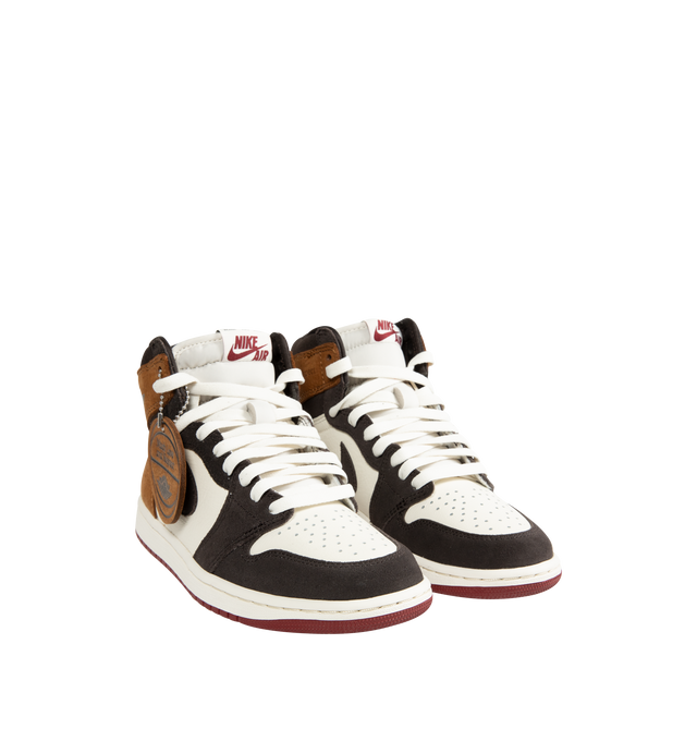 Image 2 of 5 - BROWN - Jordan Men's Air Jordan 1 Retro High OG "Love Letter" Sneakers are crafted from nubuck leather and soft suede. "Much Love and Respect" detailing accents the collar and hangtag, while a perforated toe, classic lace-up closure, foam midsole with Nike Air cushioning, and rubber outsole complete the design. Upper: Nubuck Leather and Suede. Midsole: Foam. Sole: Rubber. 