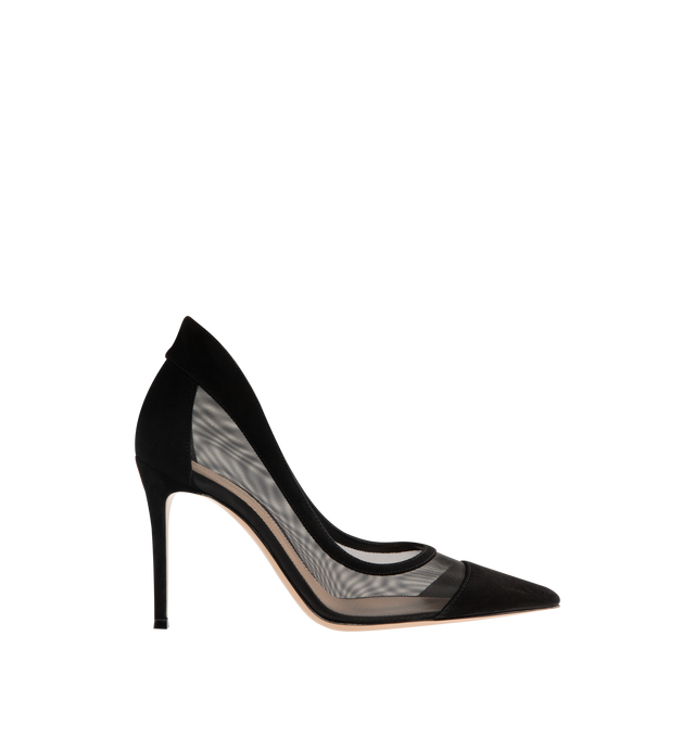 Image 1 of 4 - BLACK - Gianvito Rossi Womens Pumps are crafted from suede and mesh. Feature a pointed toe, stiletto heel, leather and fabric lining, and leather sole. Main Material: Suede, Mesh; Lining: Leather, Fabric; Sole: Leather. Made in Italy. 