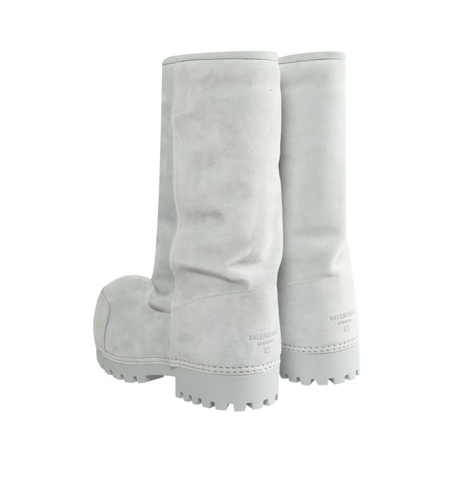 Image 3 of 4 - WHITE - Balenciaga Men's Alaska Fur High Boot is crafted from split calfskin and synthetic materials and features a high-boot silhouette with an extra-round toe and exaggerated proportions. Designed with a thick rubber sole, this statement style is finished with Balenciaga logo detailing stamped at the back. Upper: Calfskin. Insole: Wool, Polyester, Acrylic. Sole: Polyurethane, Rubber. Toe: Extra Round. Made in Italy. 