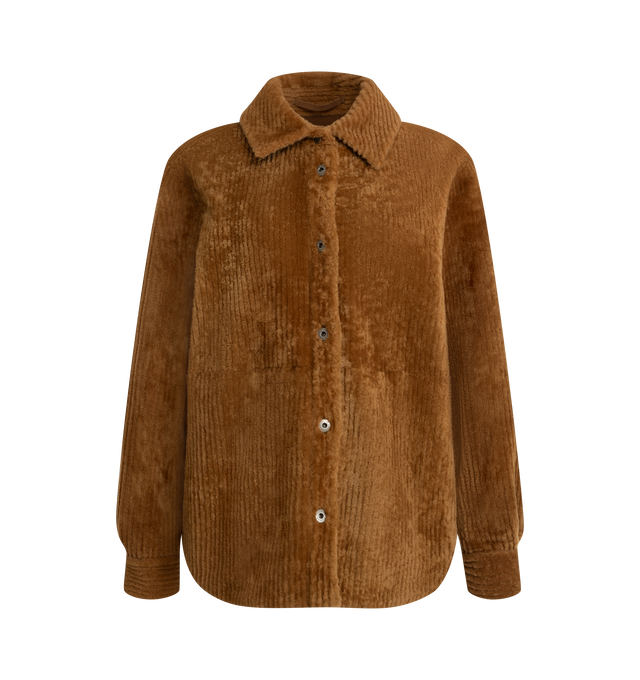 Image 1 of 3 - ORANGE - Loewe Women's Overshirt is crafted from medium-weight merino shearling and features a relaxed fit, regular-length silhouette, classic collar, button-front closure, and buttoned cuffs. Designed with side seam pockets and finished with a puffy Double L debossed leather patch at the back. Main Material: 100% Lambskin Shearling.  