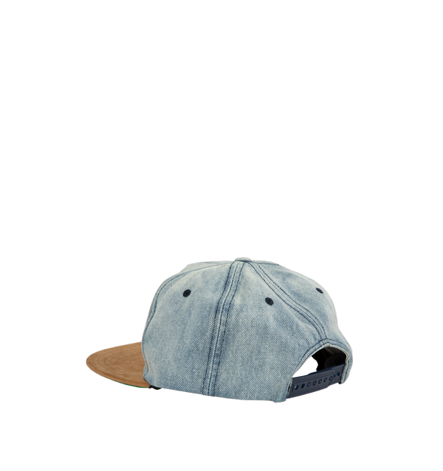 Image 2 of 2 - BLUE - RHUDE Motor Oil Hat featuring designs embroidered on the front, adjustable strap at the back and green under brim. 100% cotton.  