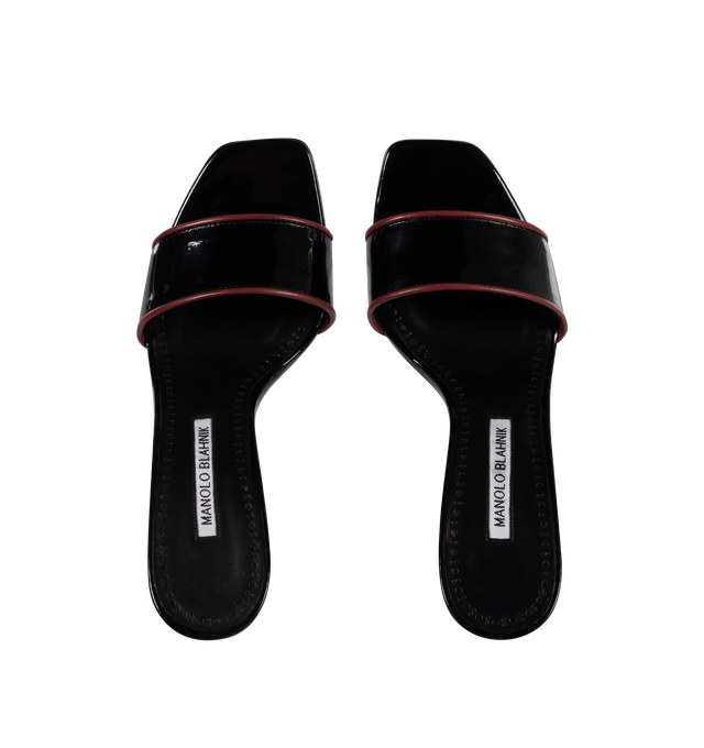 Image 4 of 4 - BLACK - MANOLO BLAHNIK Helamu Mules featuring patent leather, open toe, toe strap with red lamb nappa edging and angular stiletto high heel. 95% calf patent, 5% lamb nappa. Sole: 100% calf leather. Lining: 100% kid leather. 105MM. Made in Italy. 
