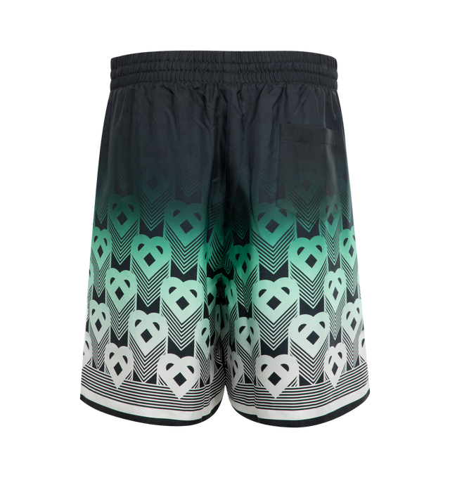 Image 2 of 3 - GREEN - CASABLANCA Gradient Monogram Silk Shorts featuring an all-over printed design, monogrammed silk twill fabric, elasticised waistband, drawstring fastening, side pockets, a back pocket and striped detail on the hem. 100% silk. Made in Italy. 
