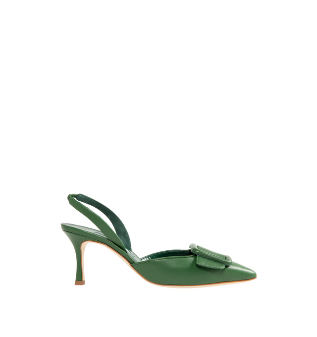 Image 1 of 4 - GREEN - Manolo Blahnik Women's Maysli slingback pumps featuring pointed toe, decorative buckle detail, elasticated slingback strap and stiletto mid 70mm heel. Upper: 100% leather. Sole: 100% leather. Lining: 100% goat skin. Made in Italy. 