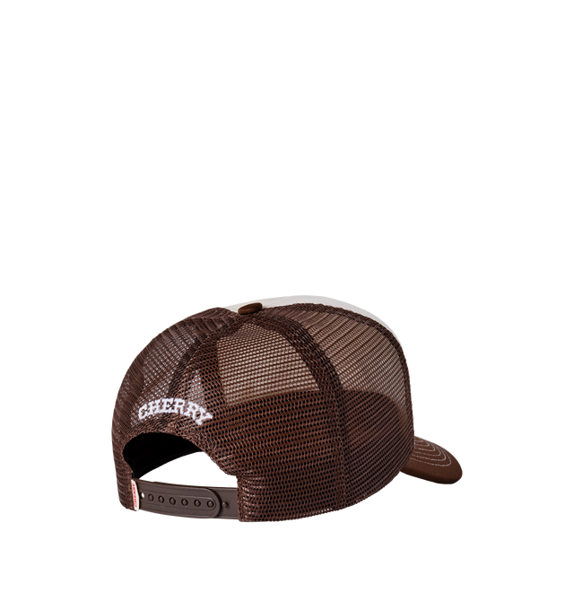 Image 2 of 7 - BROWN - Cherry LA Golden Eagle Trucker Hat is crafted from polyester and features a classic trucker silhouette with a screen-printed Golden Eagle graphic at the front and embroidered detailing at the back. Main Material: Polyester. Fit: Adjustable. Closure: Plastic Snapback Closure. Made in Los Angeles, California. 
