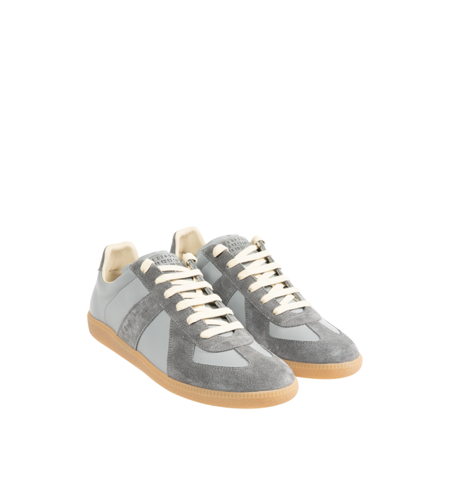 Image 2 of 5 - GREY - MAISON MARGIELA Replica Sneakers featuring lace-up sneakers in buffed nappa calfskin and calfskin suede, contrasting sole, Maison Margiela logo label on the tab, internal Replica label, internal elastic and all-over Maison Margiela logo insole. 100% calf leather. Sole: 100% rubber. Made in Italy. 