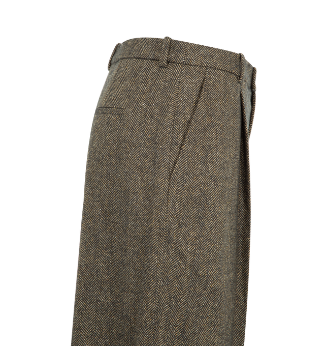 Image 3 of 3 - BROWN - Saint Laurent women's mid-rise tailored culotte shorts featuring a wide leg with center crease and single pleat. Crafted from certified wool featuring front button closure with zip fly, two slash pockets at the front, two welt pockets at the back and waistband with belt loops. Made in Italy. 